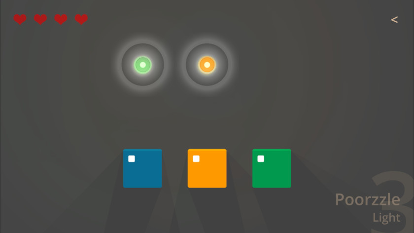三个方块，每个方块颜色不同，位于一个灰色的空屏幕上。屏幕上方有两盏彩色灯。
